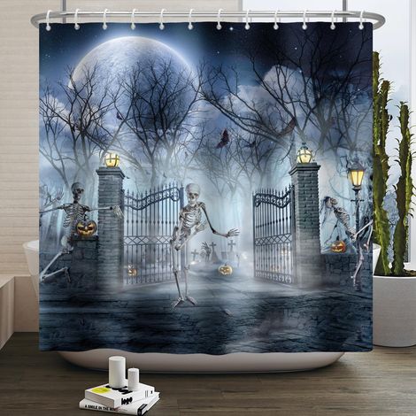 2-teiliger Gothic-halloween-duschvorhang (120 X 180 Cm) Mit Lustigem Totenkopf, Gruseligem Geist Und Schloss Im Mondscheinwald. Polyester-badezimmerdekoration Mit Haken.