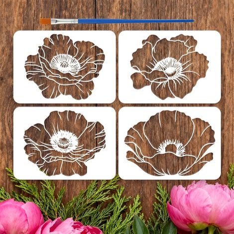 4-teiliges Mohnblumen-schablonenset Mit Pinsel, 29,7 X 21 Cm, Einfache Mohnblumen-designvorlage, Pflanzendekorationsschablonen, Wildblumen