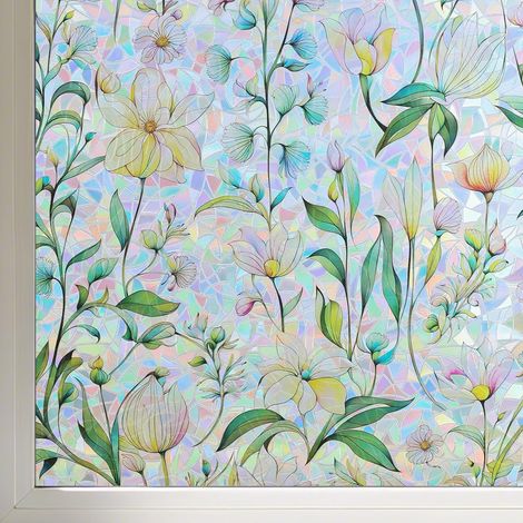 Statisch Haftende Fensterfolie, Verdunkelungsfolie, Elektrostatisch Klebende Dekorfolie Für Küche, Schlafzimmer, Badezimmer, Regenbogen-blumenmuster, 45 X 200 Cm