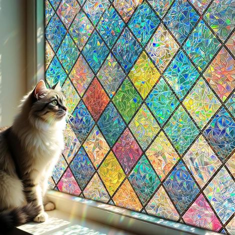 Fensterfolie Mit Regenbogeneffekt Und Rautenmuster, 45 X 200 Cm, Elektrostatisch, Uv-beständig, Für Büros Und Schlafzimmer