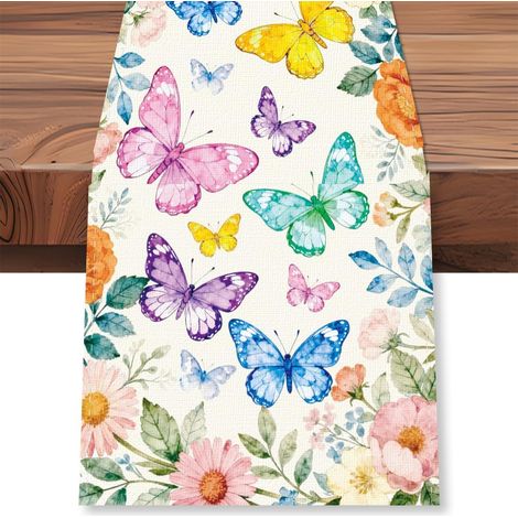 Tischläufer Mit Aquarellblumen- Und Schmetterlingsmuster, 33 X 183 Cm, Farbenfroher Tischläufer Mit Blumenmuster, Frühlings-/sommerdekoration Für Küche, Zuhause Und Partys