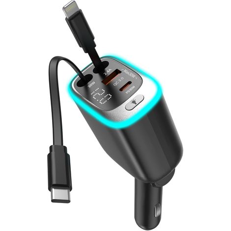 4-in-1 Usb-c Pd-autoladegerät – Schnellladegerät Mit Einziehbarem Kabel – Kfz-adapter Kompatibel Mit Iphone 16 Pro Max, Samsung, Xiaomi, Ipad, Airpods
