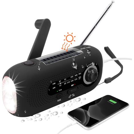 Tragbares Solarradio, Dynamoradio, Solarradio Mit Sos-alarm Für Notfälle, Kleines Radio, Wasserdichtes Radio (ipx3), Am/fm-kurbelradio, Taschenlampe, 2000-mah-akku (schwarz)