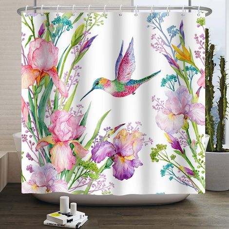 180x180cm Aquarell-blumen-vogel-duschvorhang, Bunter Kolibri, Pflanzenblumen, Lustiger Badezimmervorhang, Tier-frühlingslandschaft-duschvorhang Mit Haken, Badewannenvorhang