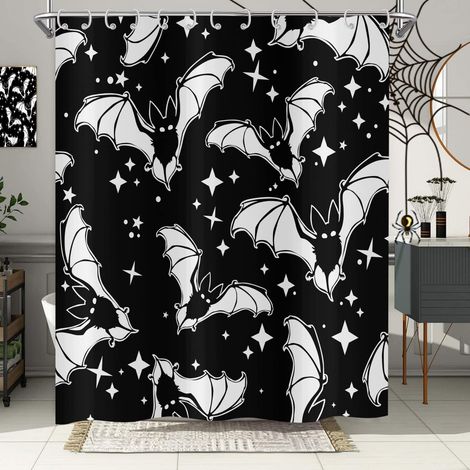 Halloween-duschvorhang, 180 X 180 Cm, Fledermäuse, Schwarz-weiß, Gotischer Stil, Gruselatmosphäre, Halloween-thema, Badezimmervorhang, Wasserdicht, Polyester, Maschinenwaschbar