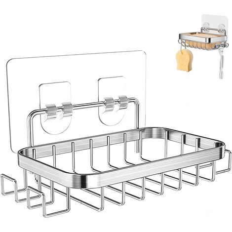 Selbstklebende Seifenschale Aus Edelstahl Mit 4 Haken, Quadratischer Duschseifenhalter, Wandmontage Ohne Bohren, Selbstklebender Schwammseifenhalter Aus Edelstahl Für Bad, Küche, Dusche Und Waschbecke