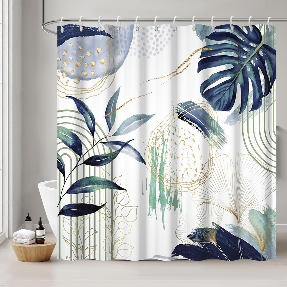 Marineblauer Duschvorhang, 180 X 200 Cm, Tropisches Dschungelmuster Im Boho-stil Mit Palmenblättern, Schimmelresistent, Wasserdicht Und Waschbar