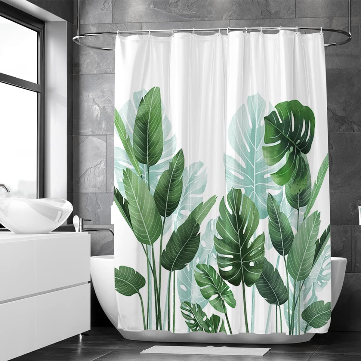 Schimmelresistenter Duschvorhang 180 X 200 Cm – Strelitzie – Polyester – Mit Ringen – Duschvorhang – Tropisches Blättermuster – Maschinenwaschbar