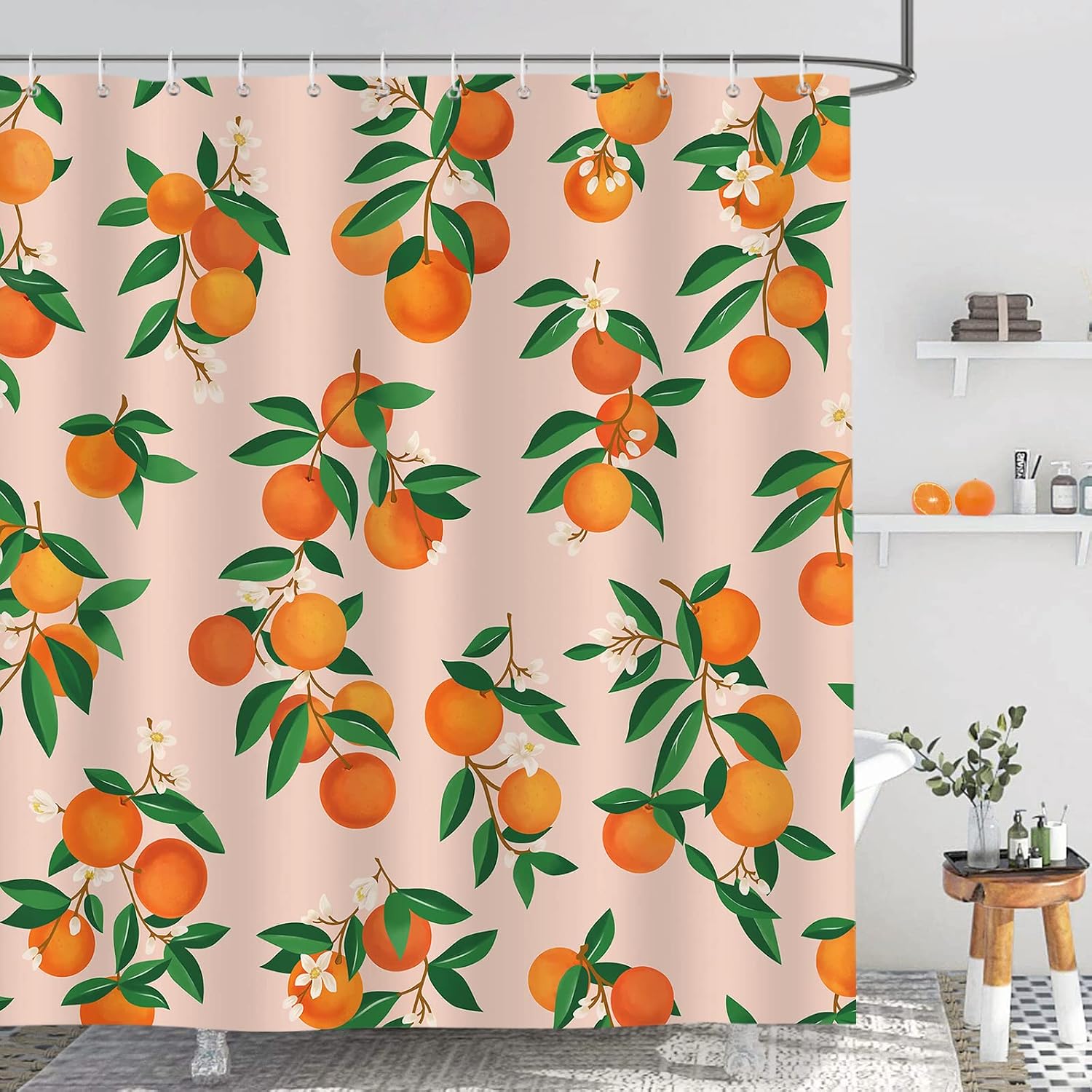 Duschvorhang Mit Orangen- Und Zitrusmotiv, 180 X 180 Cm, Aus Polyestergewebe, Schimmelresistent, Wasserdicht, Waschbar, Inklusive 12 Haken Für Die Badewanne