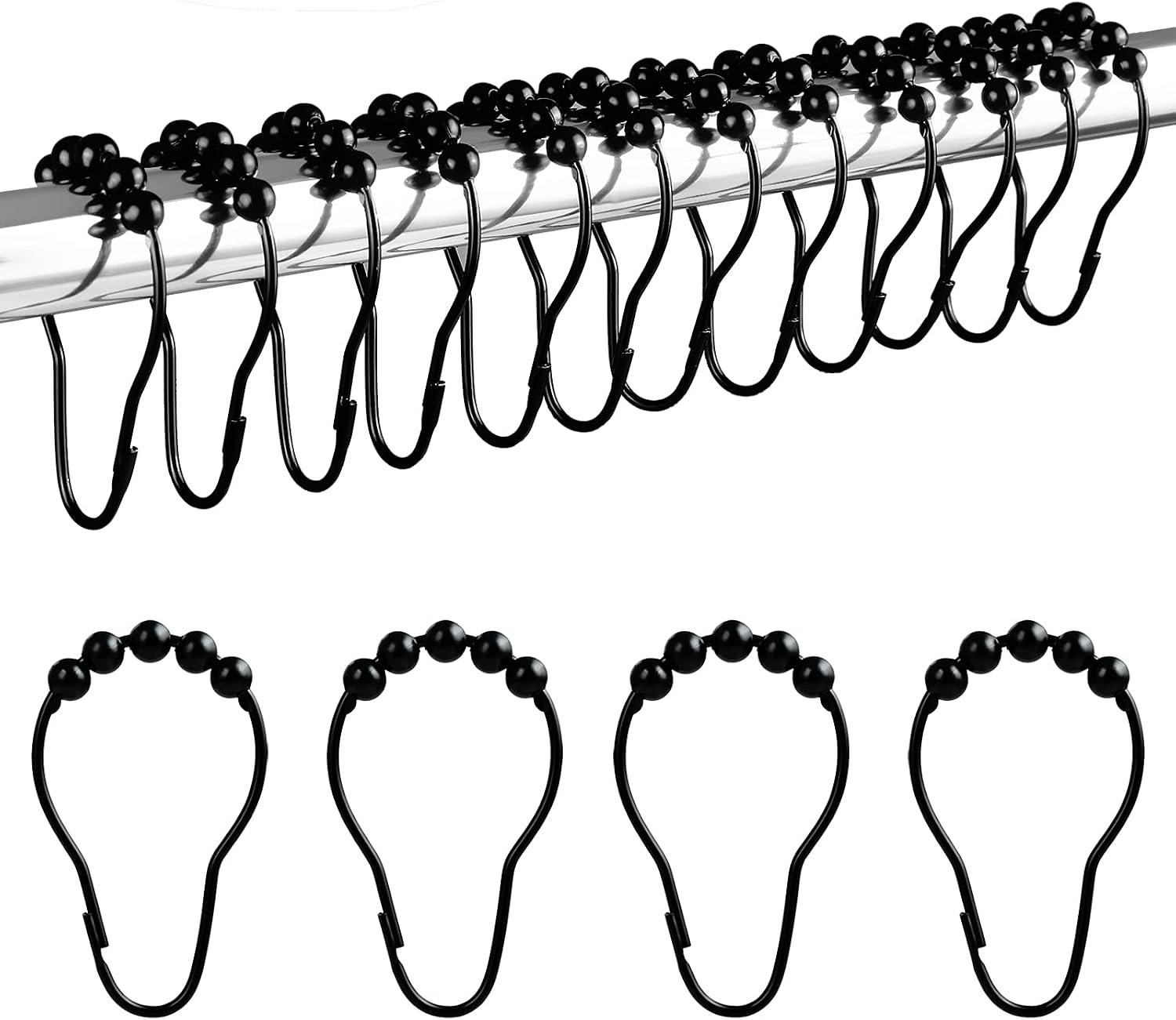 Duschvorhangringe Aus Edelstahl, Kugelringe, Haken (12 Stück, Schwarz)