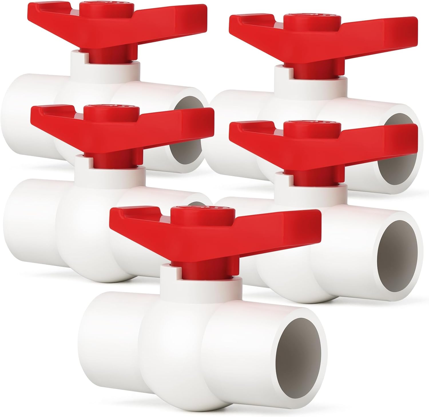 Fünf Pvc-kugelhähne Mit Einem Außendurchmesser Von 32 Mm Und Glatten Griffen Zur Regulierung Des Wasserdurchflusses (weiße Pvc-kugelhähne, Außendurchmesser 32 Mm)
