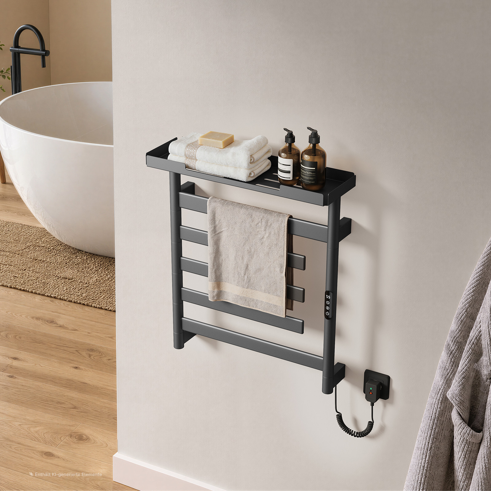 Emke Elektrischer Handtuchheizkörper 66 × 58 Cm Gunmetal-grau 135w – Wlan-steuerung, 180° Drehbare Heizstäbe, Mit Ablage Badezimmer