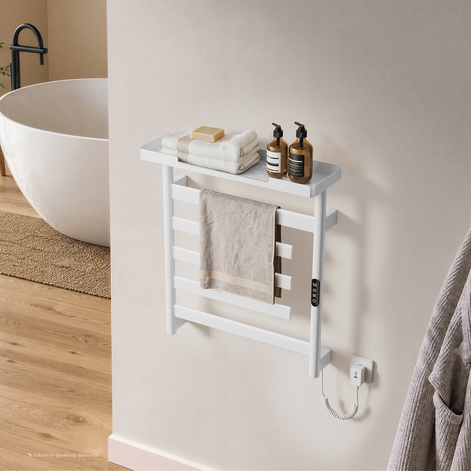 Emke Elektrischer Handtuchheizkörper 66 × 58 Cm Weiß 135w – Wlan-steuerung, 180° Drehbare Heizstäbe, Mit Ablage Badezimmer