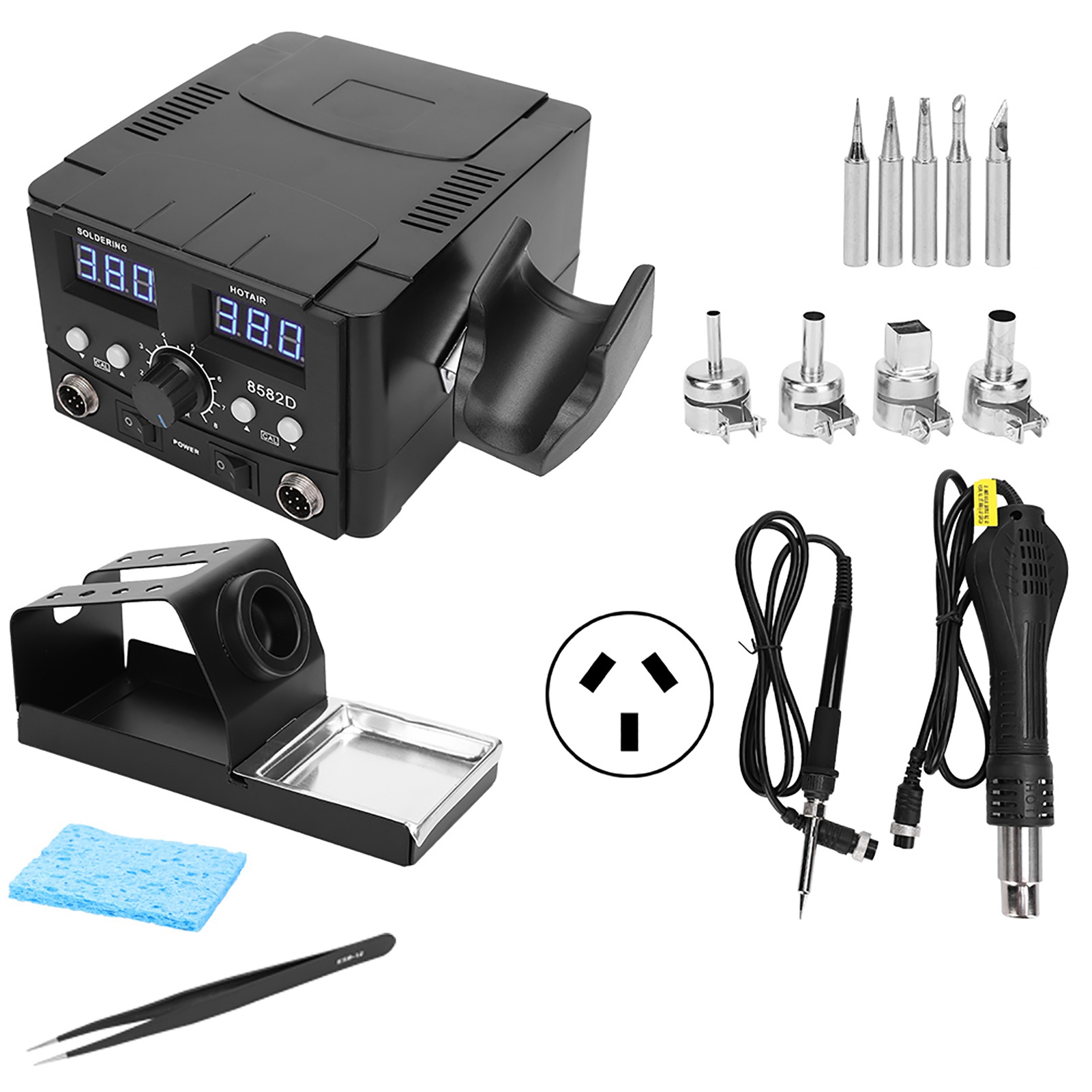 2-in-1 Löt- Und Retuschierstation Mit Smd-led-digitalanzeige Für Heißluftpistole 8582d 750 Wau, 220–240 V Stecker