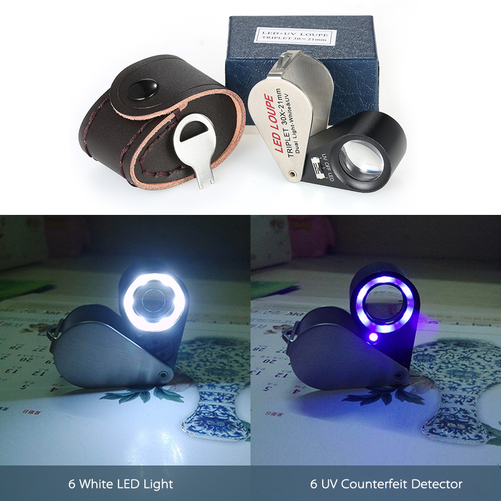 Tragbare 30-fache Multifunktionale Led-juwelierlupe, 21-mm-triplettlupe Mit Eingebauter Kreisförmiger Led-beleuchtung In Form Einer 6 Und Ultraviolettem Fälschungsdetektor.