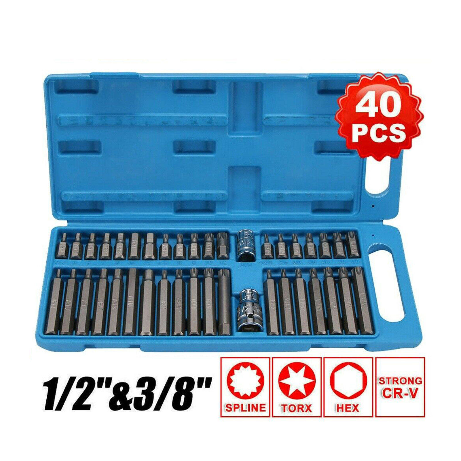 40-teiliger Steckschlüsselsatz (mit Nut-, Sechskant- Und Torx-einsätzen), 3/8" Und 1/2" Durchmesser, Mit Langen Und Kurzen Inbusschlüsseln Und Aufbewahrungskoffer