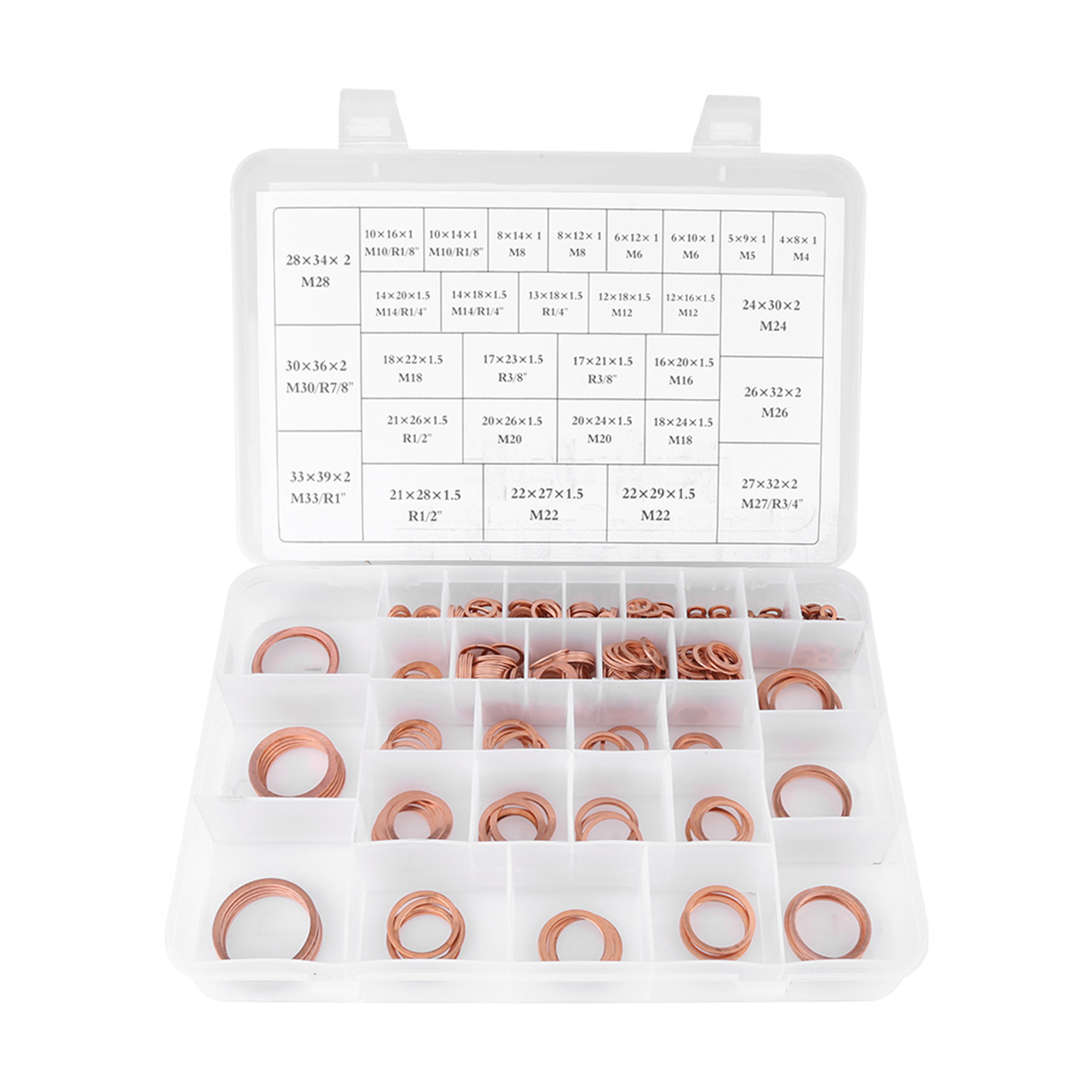 Set Mit 570 Flachen Kupferscheiben In 30 Verschiedenen Größen, Inklusive Kunststoffbox.