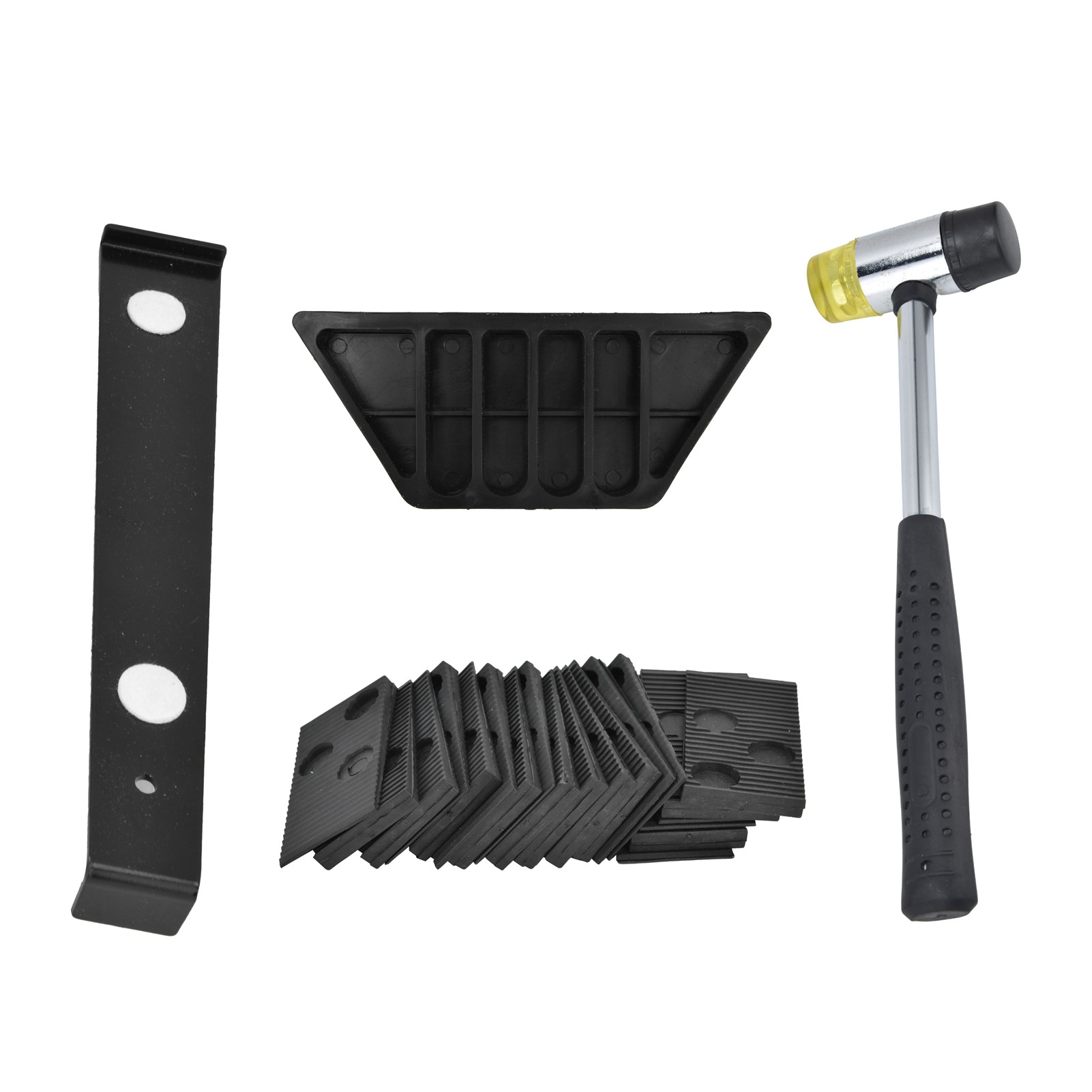 Verlegeset Für Laminatböden Mit Werkzeug, Bestehend Aus Gummihammer, Zugstange, Schlagklotz Und 20 Abstandshaltern.