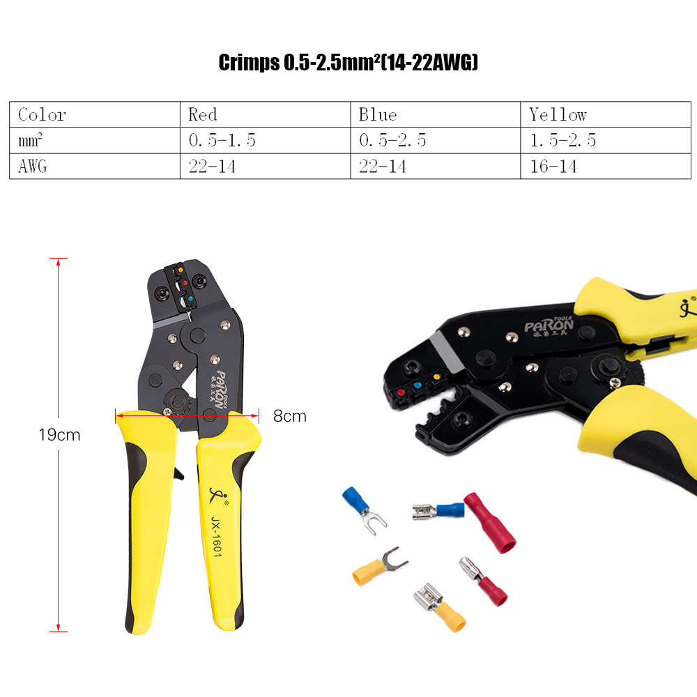 Isoliertes Ratschen-crimpset Für Awg22-14-kabel Mit 500-mm-gabelsteckern (männlich Und Weiblich)
