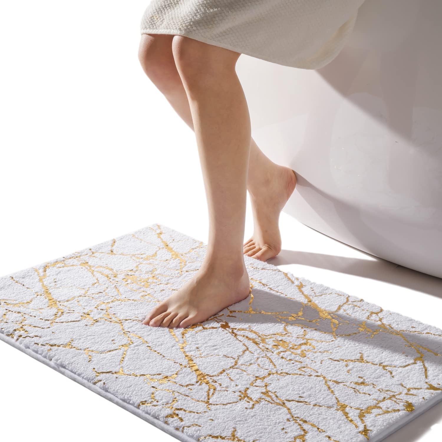 Waschbare, Rutschfeste Badematte – Weiß-goldene Badematte – Luxuriöses Badezimmeraccessoire – Weiche Mikrofaser – Saugfähig – 50 X 80 Cm