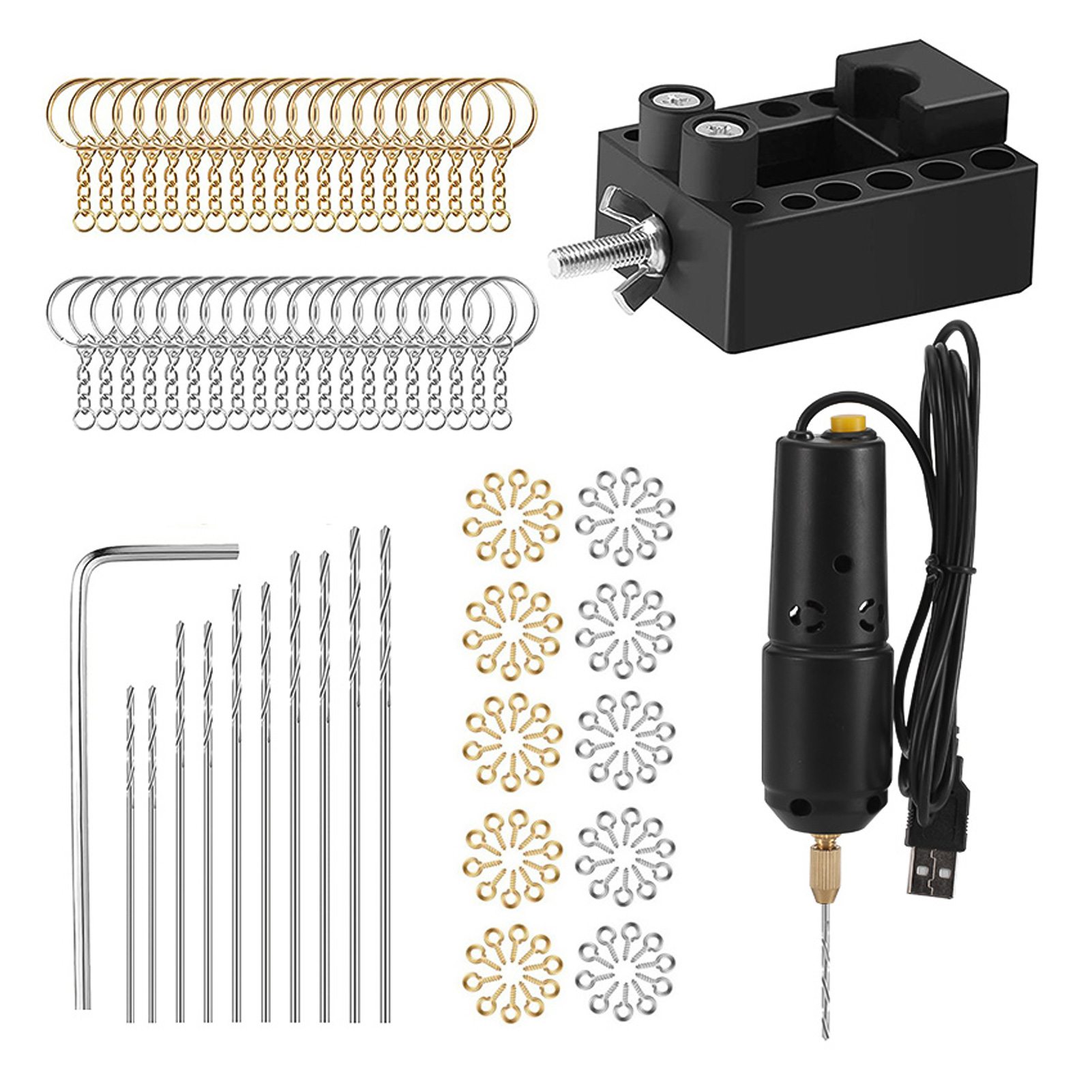 Harzbohrset, Mini-elektrobohrmaschine Mit 10 Bohrern, 100 Ösenschrauben, 40 Schlüsselringe Zur Herstellung Von Schmuck, Objekten Aus Aluminium Und Holz Sowie Schlüsselanhängern. Harzgussformen, Schwar
