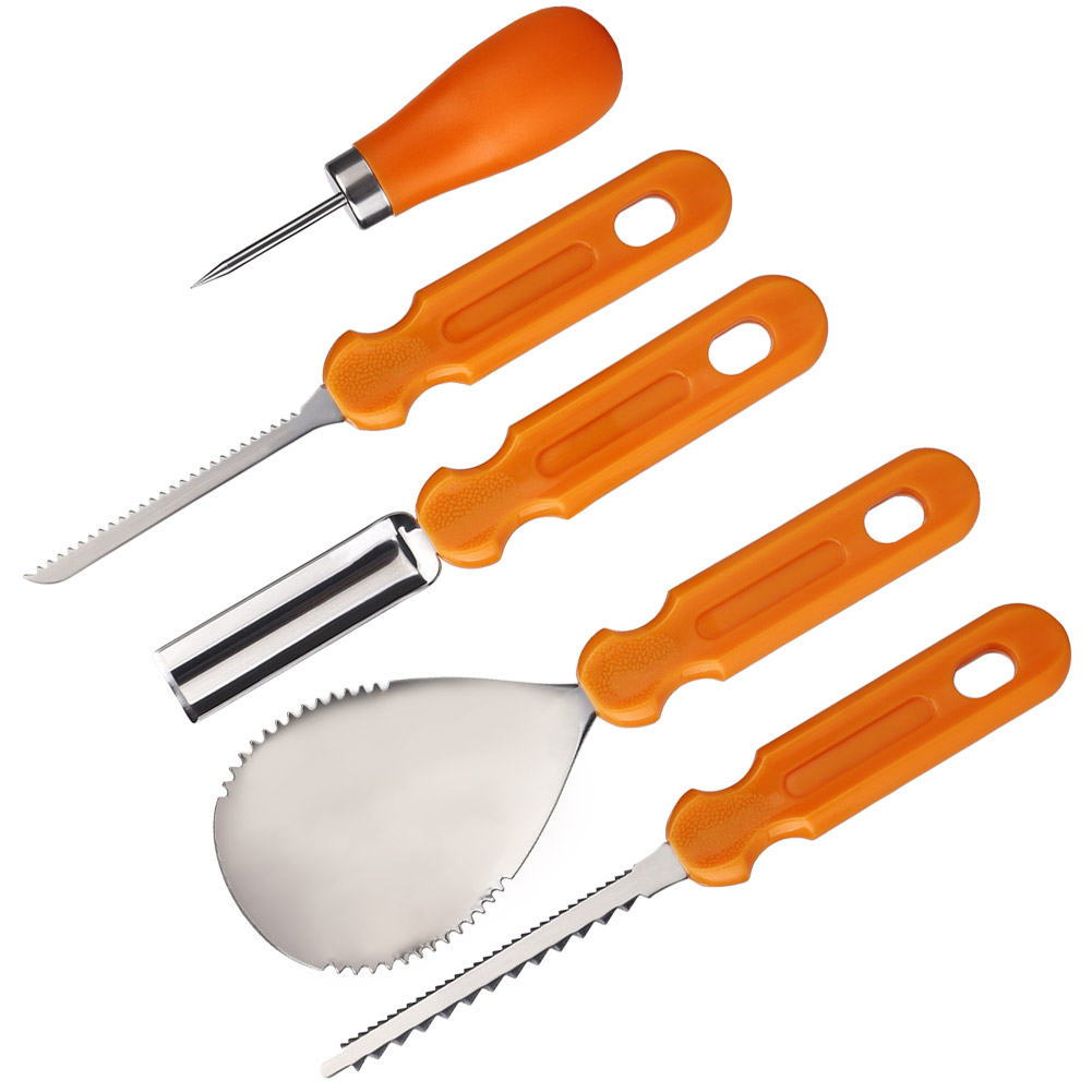 Set Mit 5 Halloween-kürbisschnitzwerkzeugen Aus Edelstahl Und Pp, Ideal Für Kreative Hobbys Für Erwachsene Und Kinder.