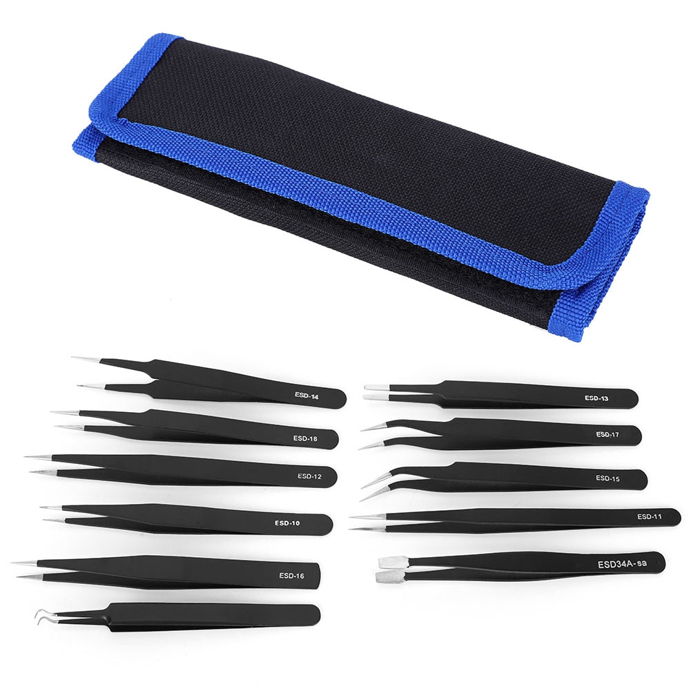 Set Mit 11 Präzisionszangen Inklusive Segeltuchtasche, Esd-antistatikwerkzeug, Gerader Edelstahlzange Und E-biegung (zange Mit Segeltuchtasche)