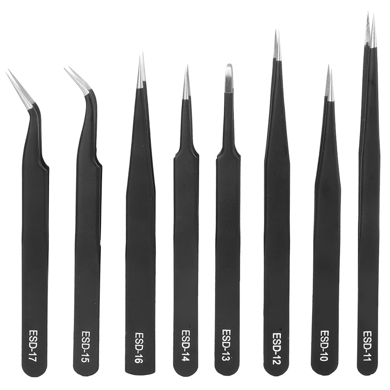 Set Mit 8 Professionellen, Präzisen Pneumatischen, Schrägen Pinzetten Aus Edelstahl Esd-10-17