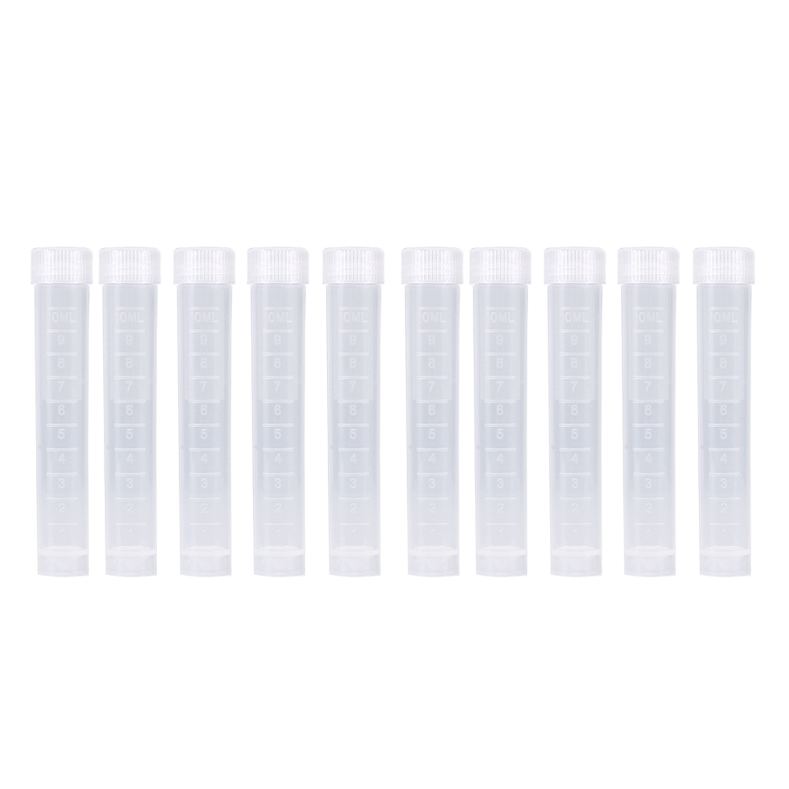 Packung Mit 10 Gefrorenen 10-ml-reagenzgläsern Aus Kunststoff, Weißer Schraubverschluss.