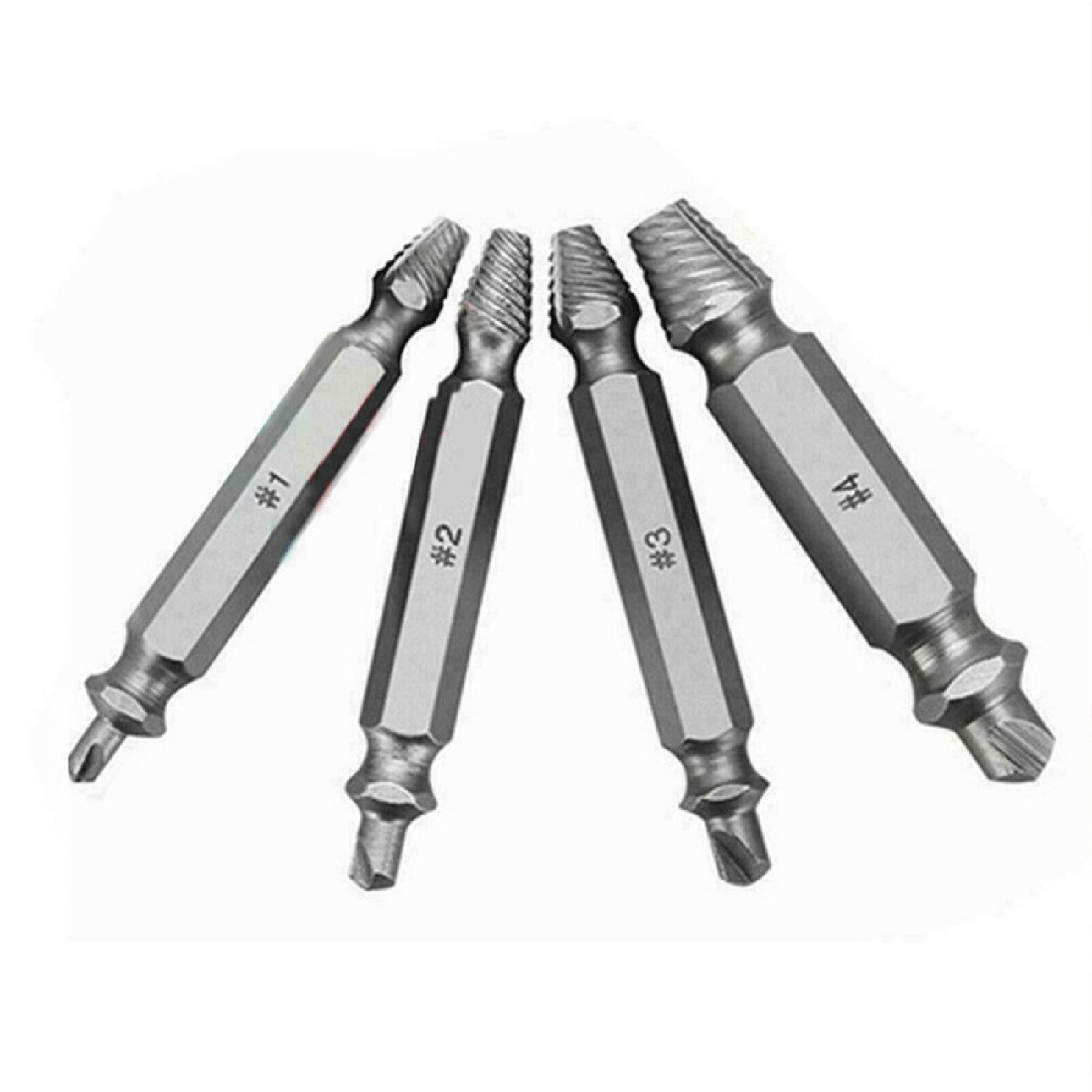 Set Mit 4 Ausdrehern Für Abgebrochene Und Beschädigte Schrauben, Inklusive Bohrschablone Und Bohrern.