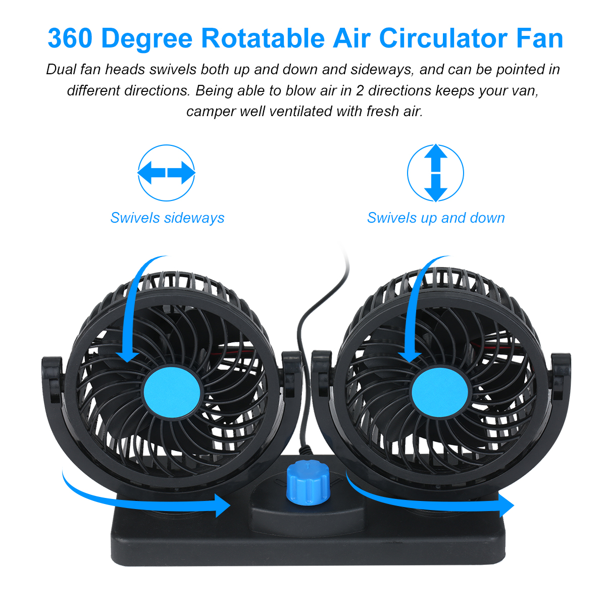 12-v-usb-ventilator Mit Zwei Ventilatorköpfen, 360°-drehung, 6,5 W Leistung, 2 Geschwindigkeitsstufen Und 1 M Usb-kabel. Ideal Für Auto, Lkw, Büro Oder Schlafzimmer.