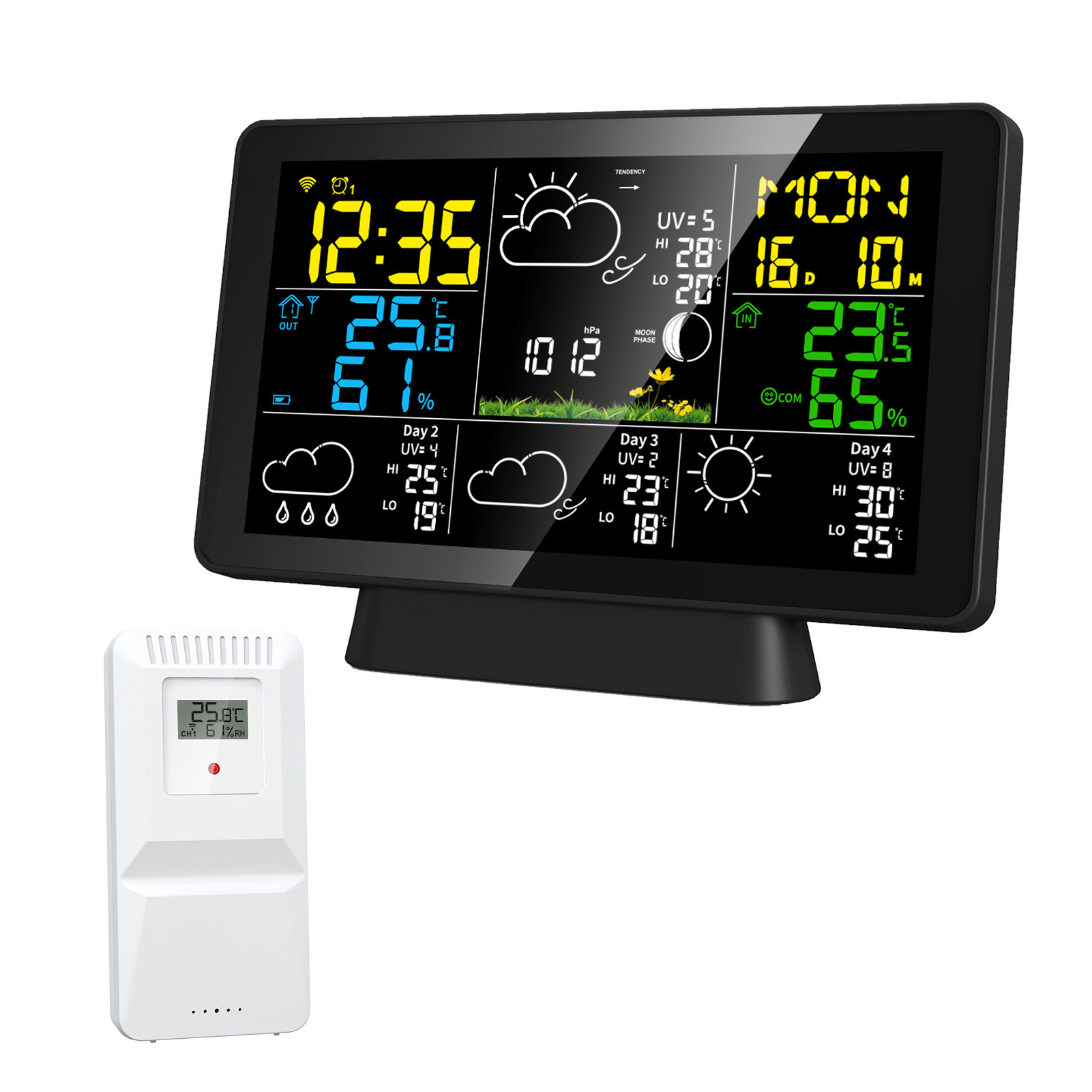 Digitale Wetterstation Mit Ständer Und Innen-/außensensor, Drahtlose Steuerung Per App, Va-farbdisplay, Drahtlose Übertragung Bis Zu 150 M, Wiederholungsfunktion Für Den Sonneneinfall, Kalender, Therm