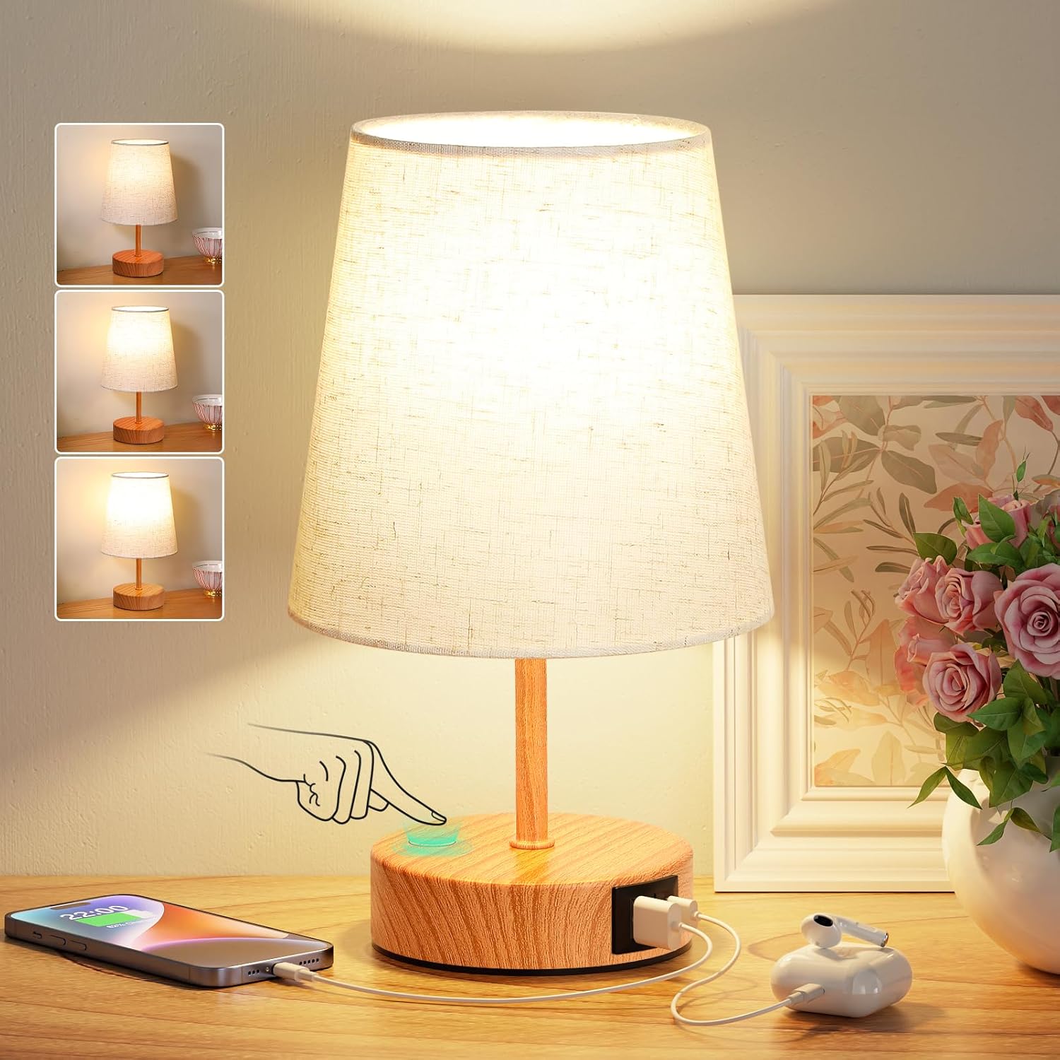 Touch-nachttischlampe Mit Usb-c- Und Usb-a-ladeanschlüssen, 3-stufiger Dimmfunktion, Leinenschirm, Dunklem Holzfuß, Kleine Tischlampe Für Schlafzimmer, Wohnzimmer, Kinderzimmer Und Büro