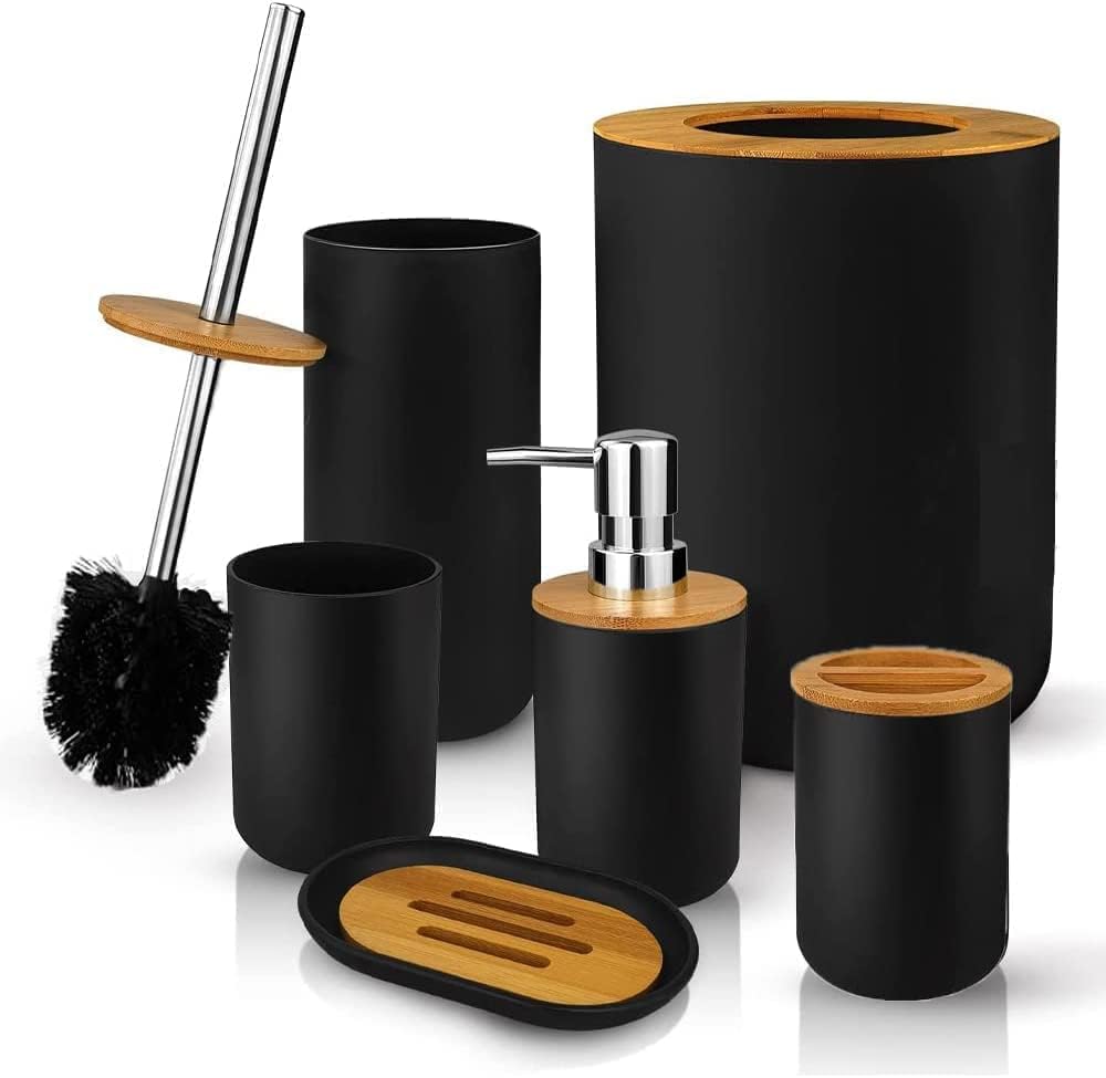 Badezimmer-accessoire-set Aus Bambus, Bestehend Aus Lotionflaschen, Zahnbürstenhalter, Zahnbürstenbecher, Seifenschale, Wc-bürste Und Abfalleimer. Modernes Wc-zubehörset, Schwarz.