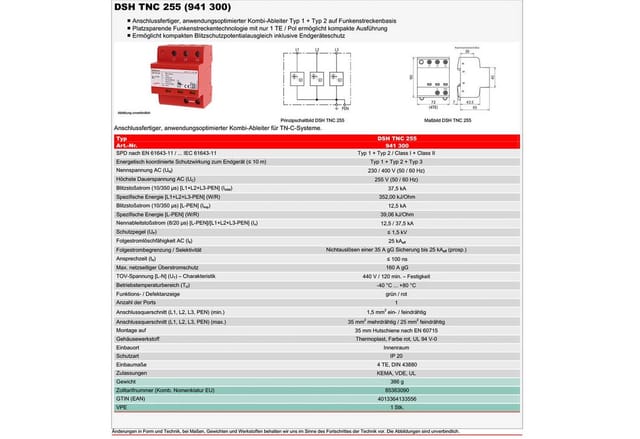 DEHN Kombi-Ableiter TN-C-Systeme DSH TNC 255