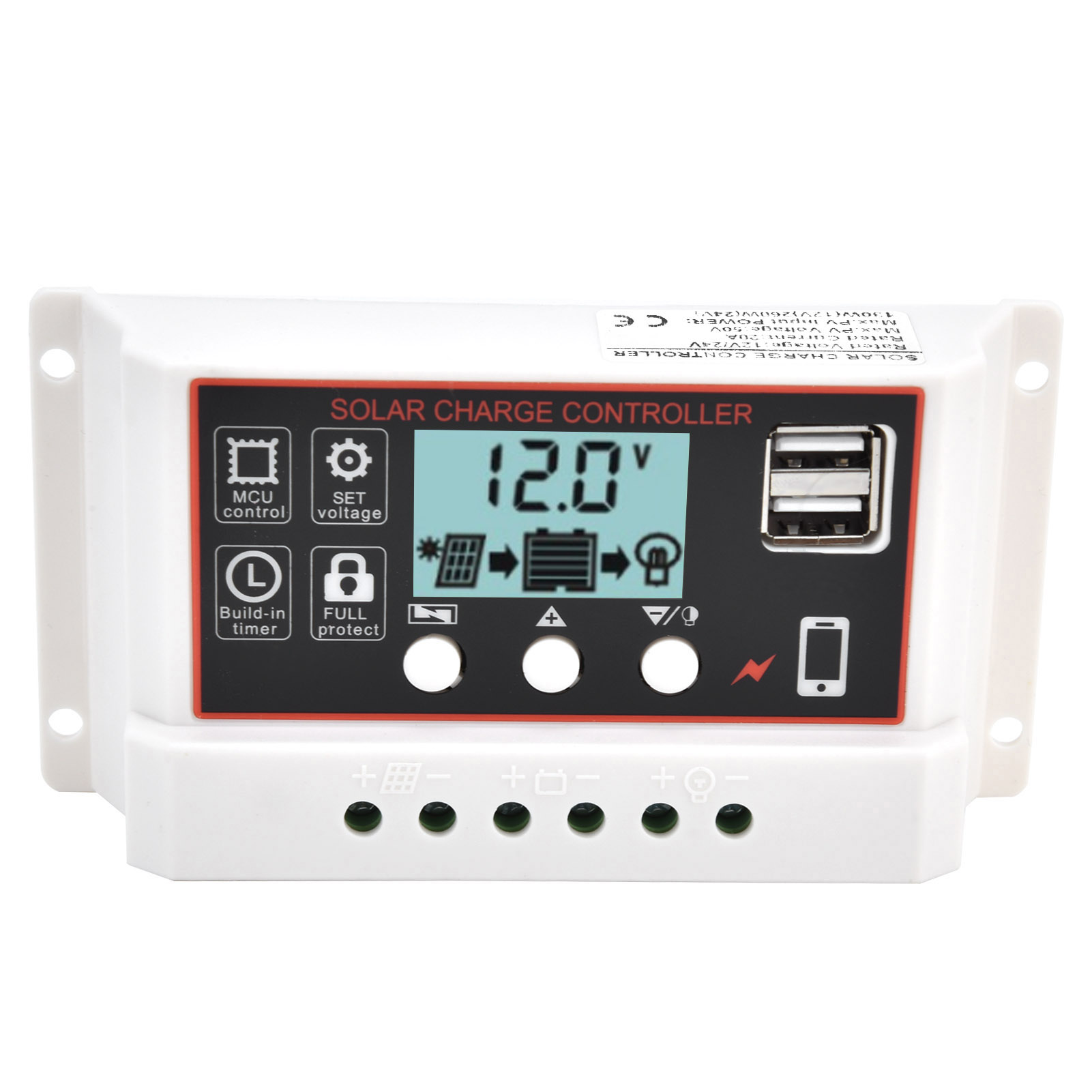 Contrôleur De Panneau Solaire Intelligent À Double Port Usb Pour Batterie, Dispositif De Contrôle De Charge Et De Décharge Pwm 12 V/24 V 20 A