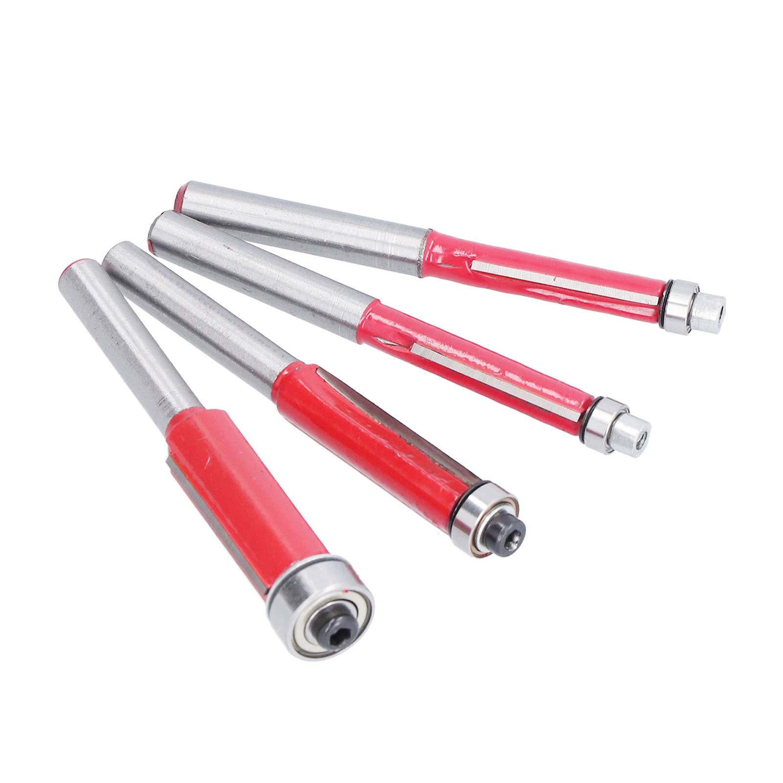 Lot De 4 Fraises À Affleurer, Queue De 6,35 Mm (1/4 Po), Roulement Supérieur, Diamètres De Coupe : 6,35 Mm (1/4 Po), 7,94 Mm (5/16 Po), 9,52 Mm (3/8 Po) Et 12,7 Mm (1/2 Po).