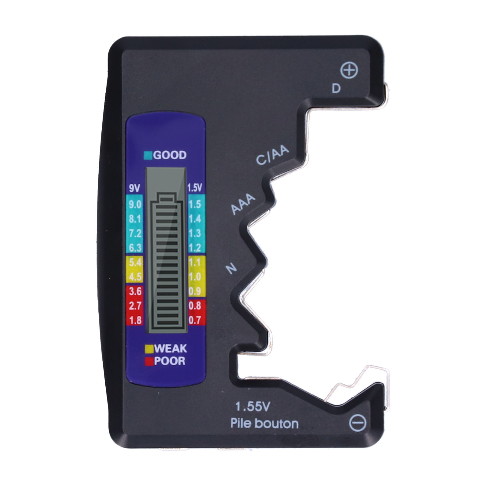 Testeur De Piles Universel Pour Usage Domestique, Compatible Avec Les Piles Bouton 9v, Aa, Aaa Et N (noir)