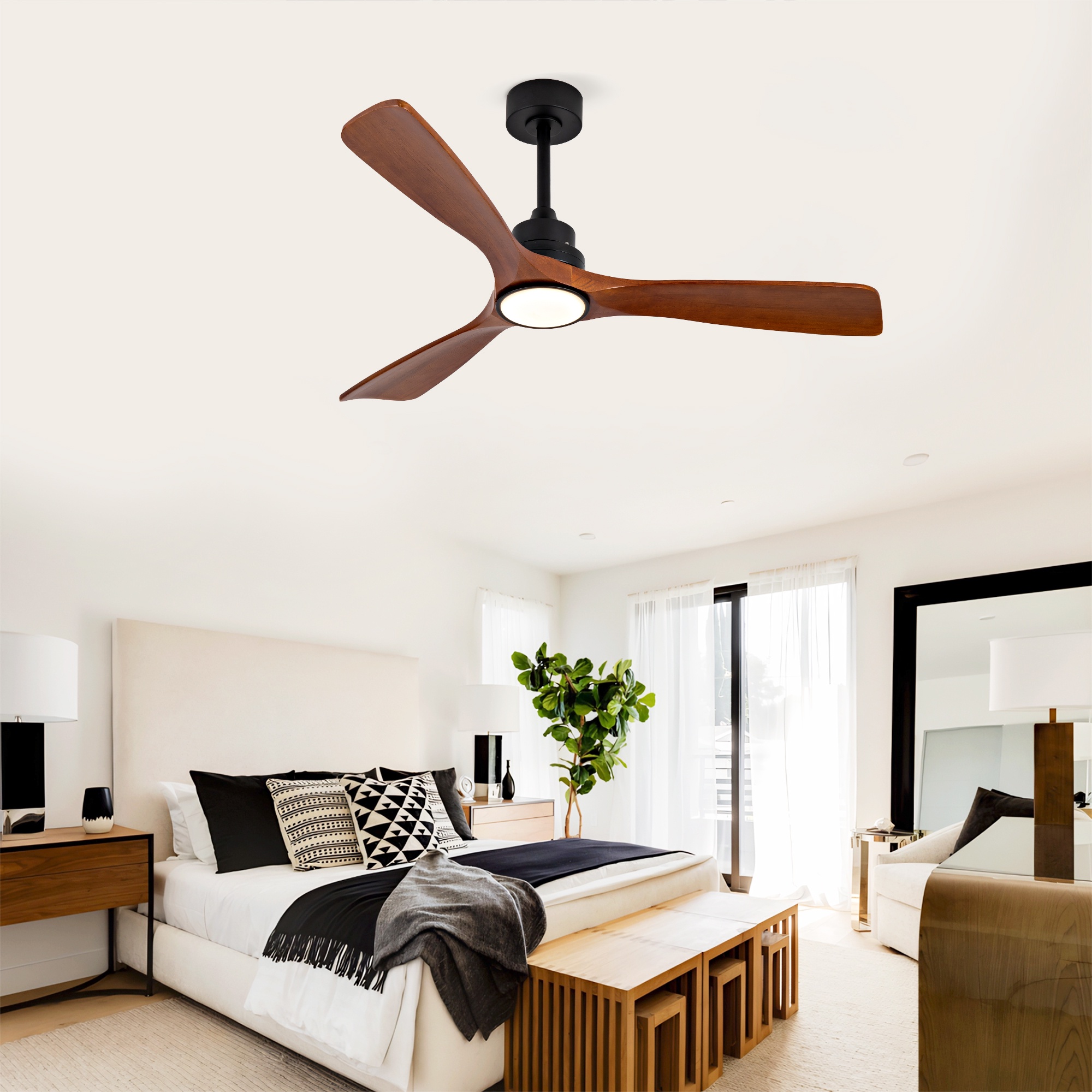 Deckenventilator Mit Licht, Leise Für Wohnzimmer Und Schlafzimmer, 3 Massivholzflügel, 6 Geschwindigkeitsstufen, 132 Cm, Dunkelwalnuss