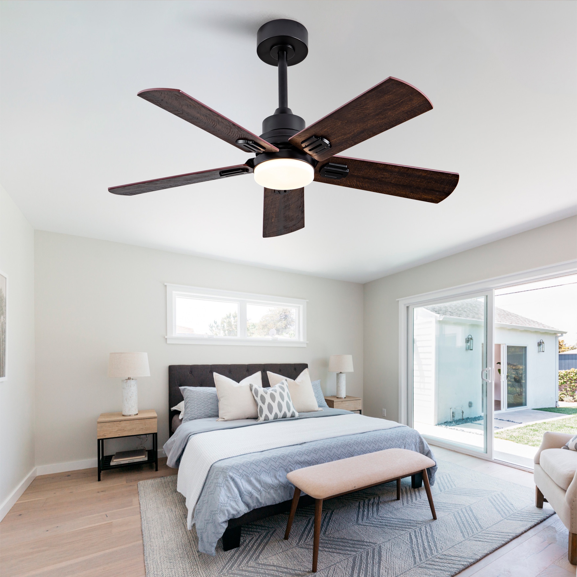 Deckenventilator Mit Licht, Fernbedienung Und Leisem Dc-motor Für Wohnzimmer, Schlafzimmer Und Überdachte Terrassen, 5 Holzflügel, 107 Cm, Dunkelwalnuss