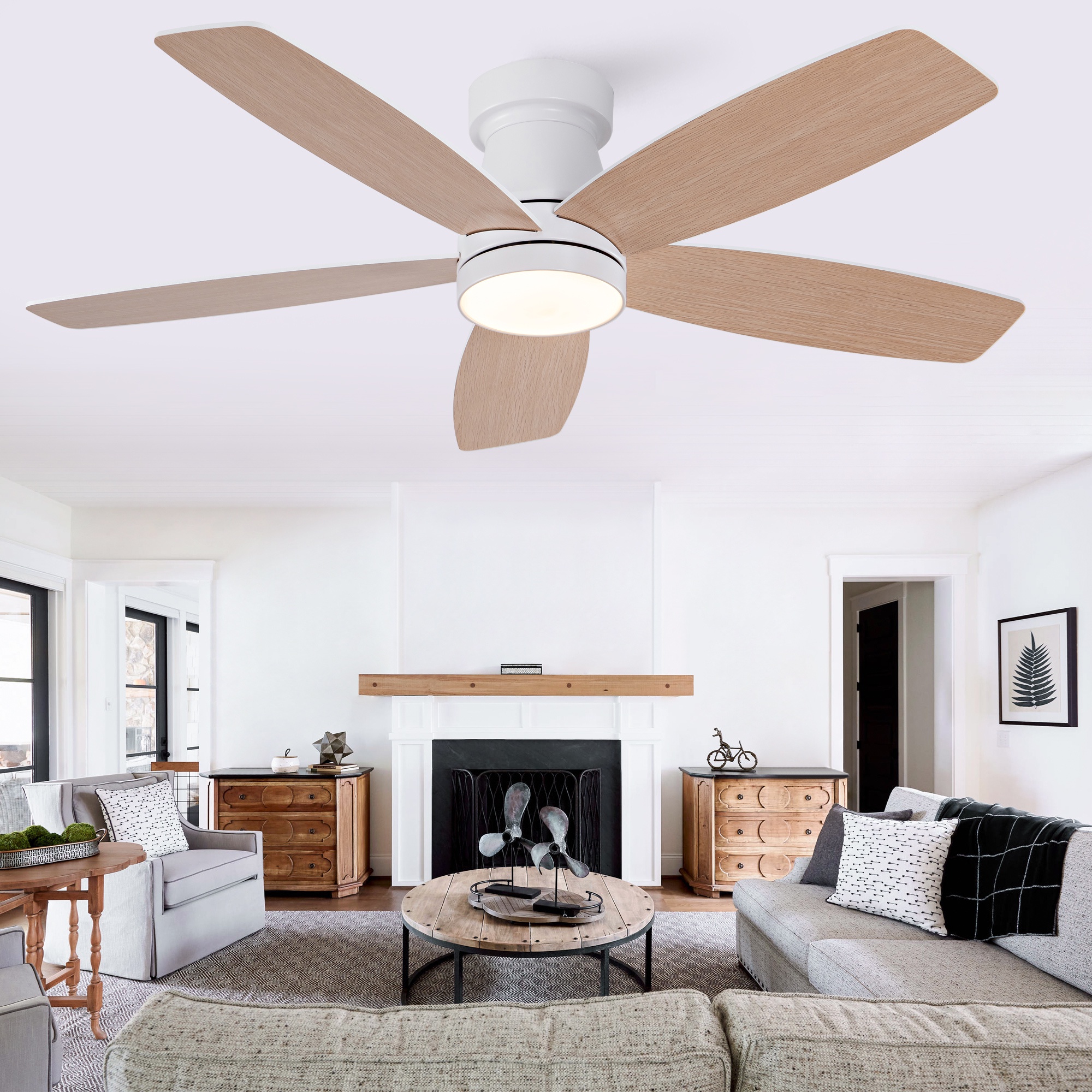 Deckenventilator Mit Led-licht, Leise Mit Fernbedienung, 3 Flügel Aus Holz Und Metall, 107 Cm, 6 Geschwindigkeitsstufen, Natur Und Weiß