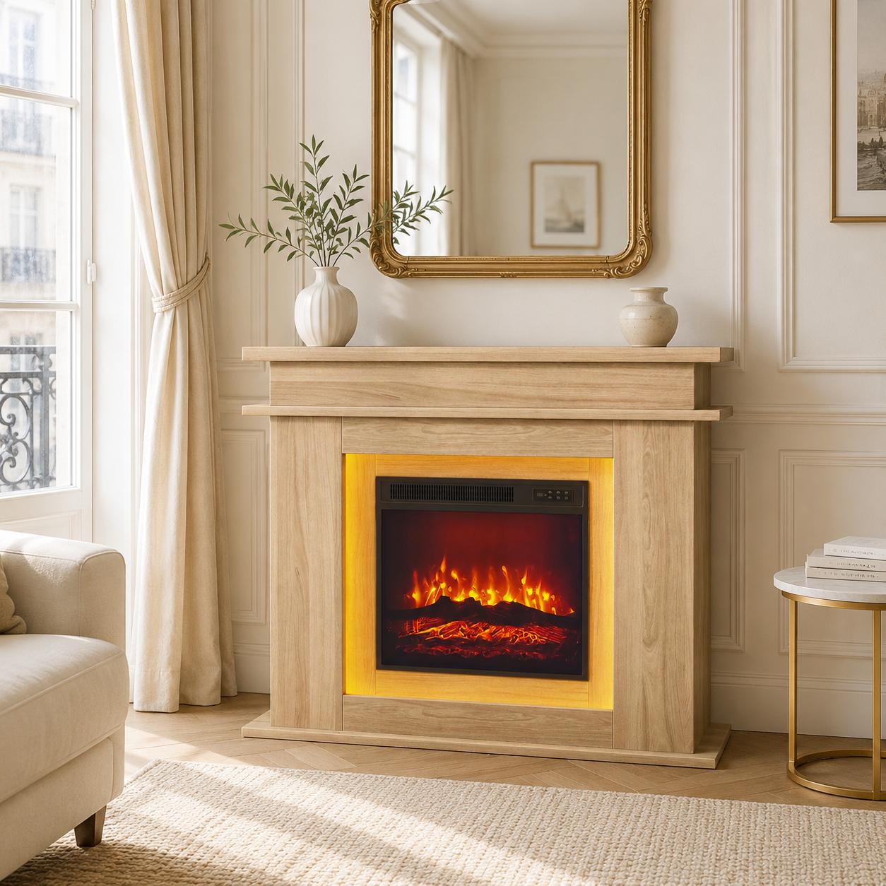 Elektrokamin 750/1500 W, 7 Flammenfarben Mit Fernbedienung, Cool-touch-gehäuse Und Überhitzungsschutz, Eiche