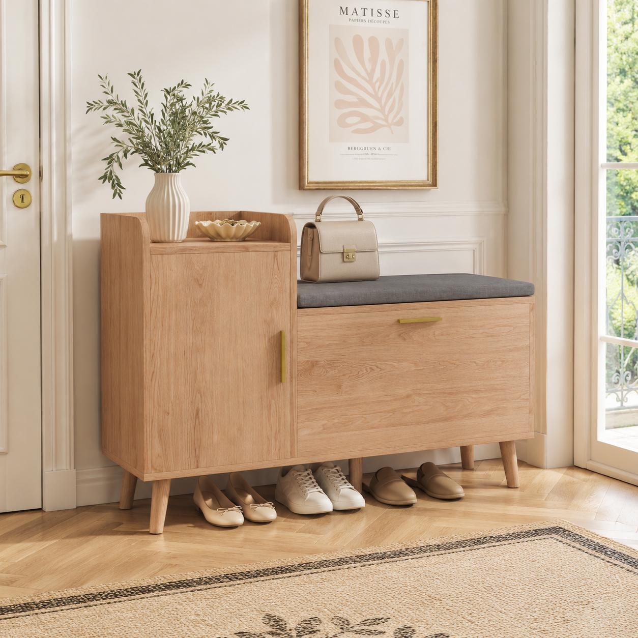 Schuhschrank Mit Integrierter Sitzbank, Schuhkipper Mit Klappfach Und Ablageflächen, 100x30x69 Cm, Naturholz