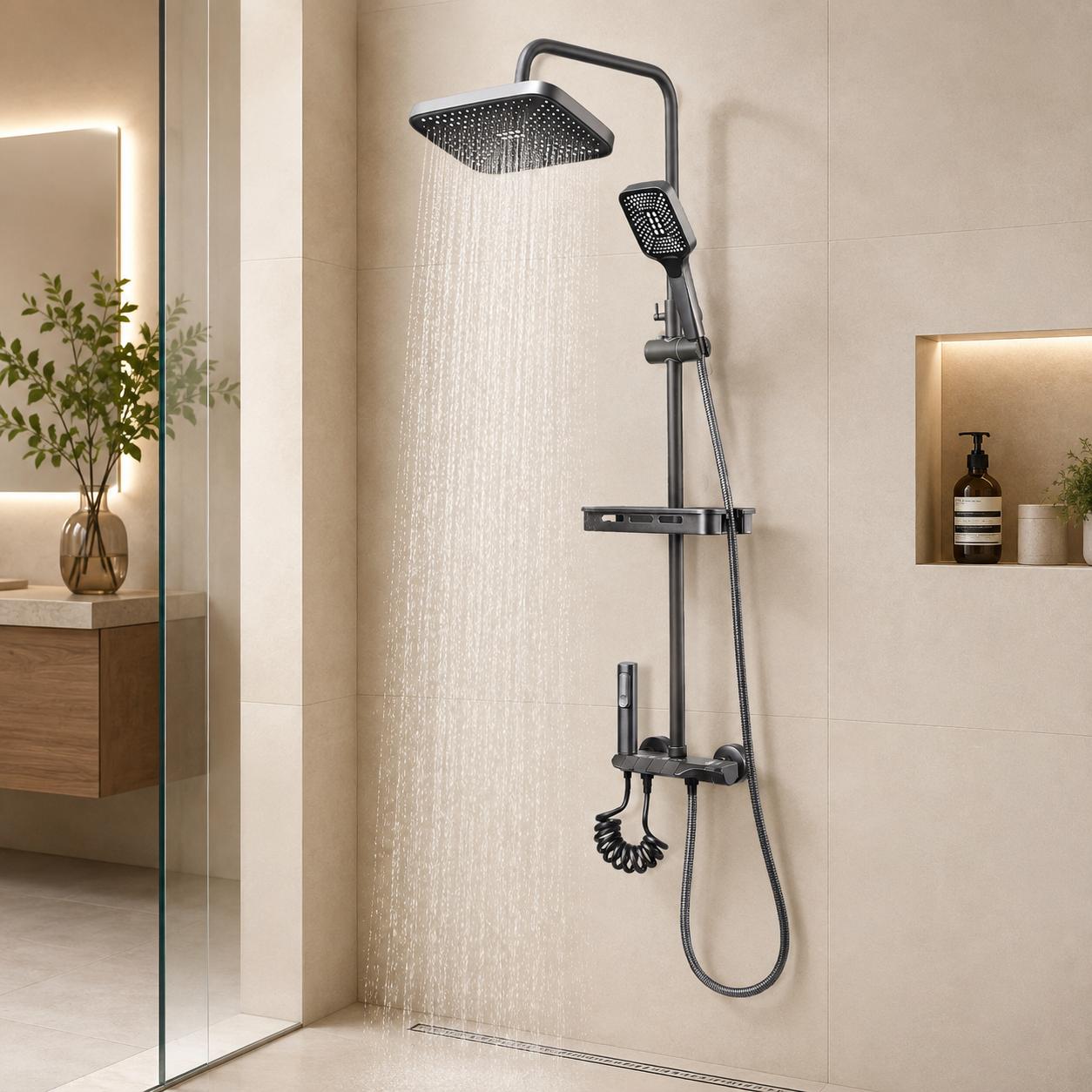 Thermostat-duschsystem, 4-in-1 Komplett-duschset Mit Ablage Und Bidet-handbrause, Höhenverstellbare Duschstange 82-120 Cm, Gunmetal-grau