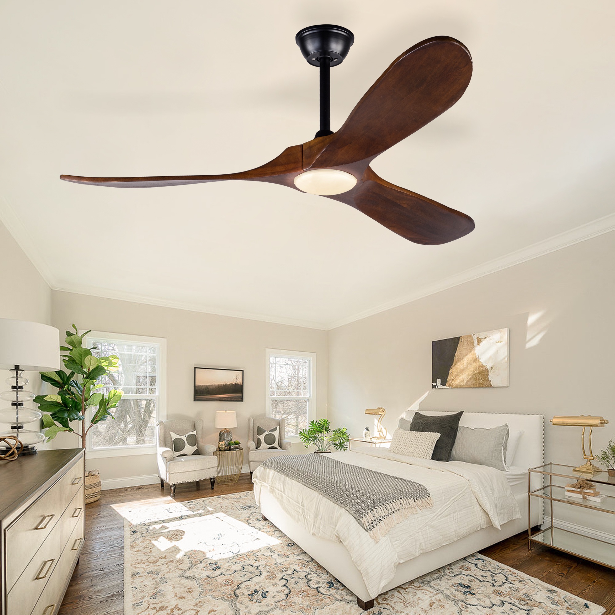 Deckenventilator Mit Licht, Leise Für Wohnzimmer Und Schlafzimmer, Mit Fernbedienung, 3 Massivholzflügel, 132 Cm, Schwarz Und Dunkelwalnuss