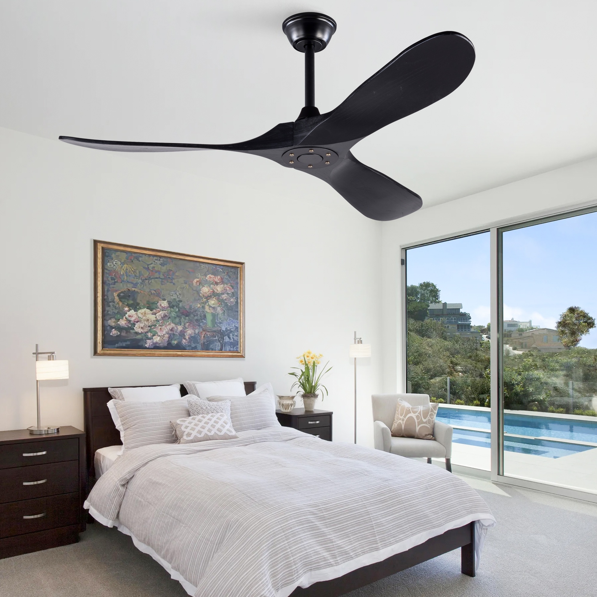 Deckenventilator Ohne Licht, Leise Für Schlafzimmer Und Wohnzimmer Mit Fernbedienung, 3 Flügel Aus Massivem Paulownia-holz, 132 Cm, Schwarz