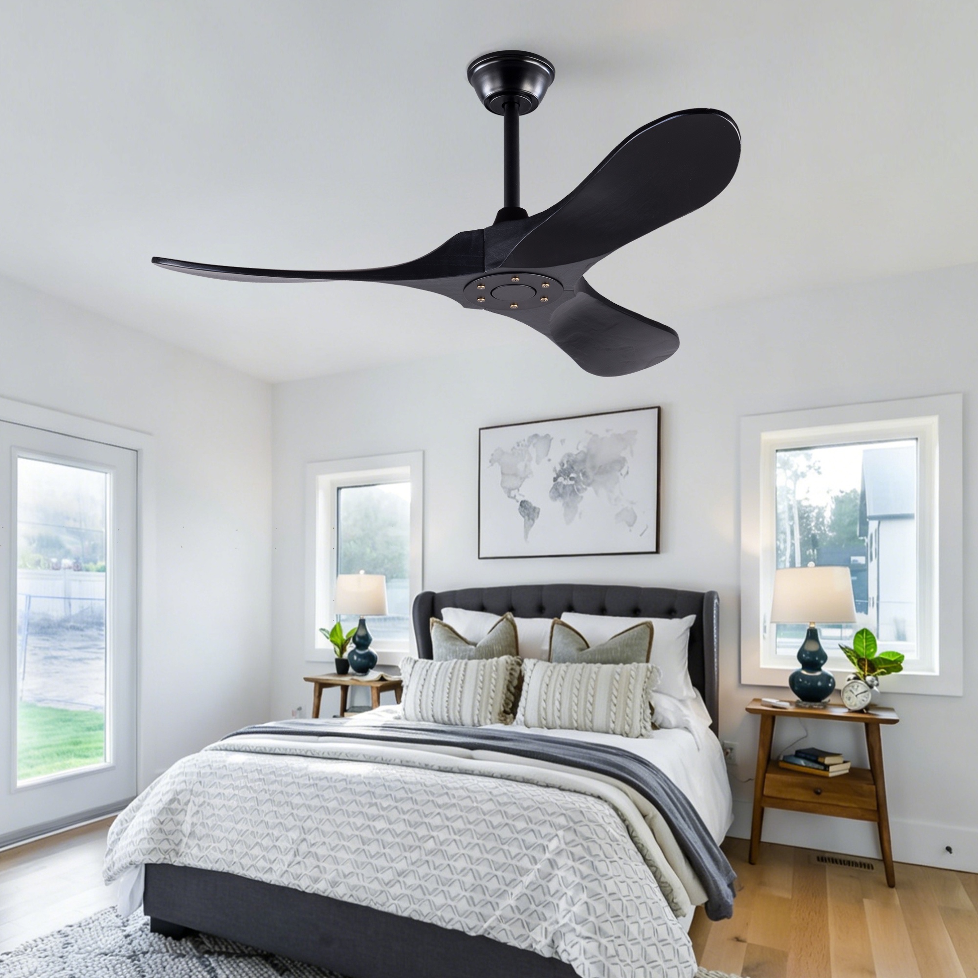 Deckenventilator Ohne Licht, Leiser Dc-motor Mit Fernbedienung Und Memory-funktion, 3 Moderne Flügel Aus Massivem Paulownia-holz, 106 Cm, Schwarz