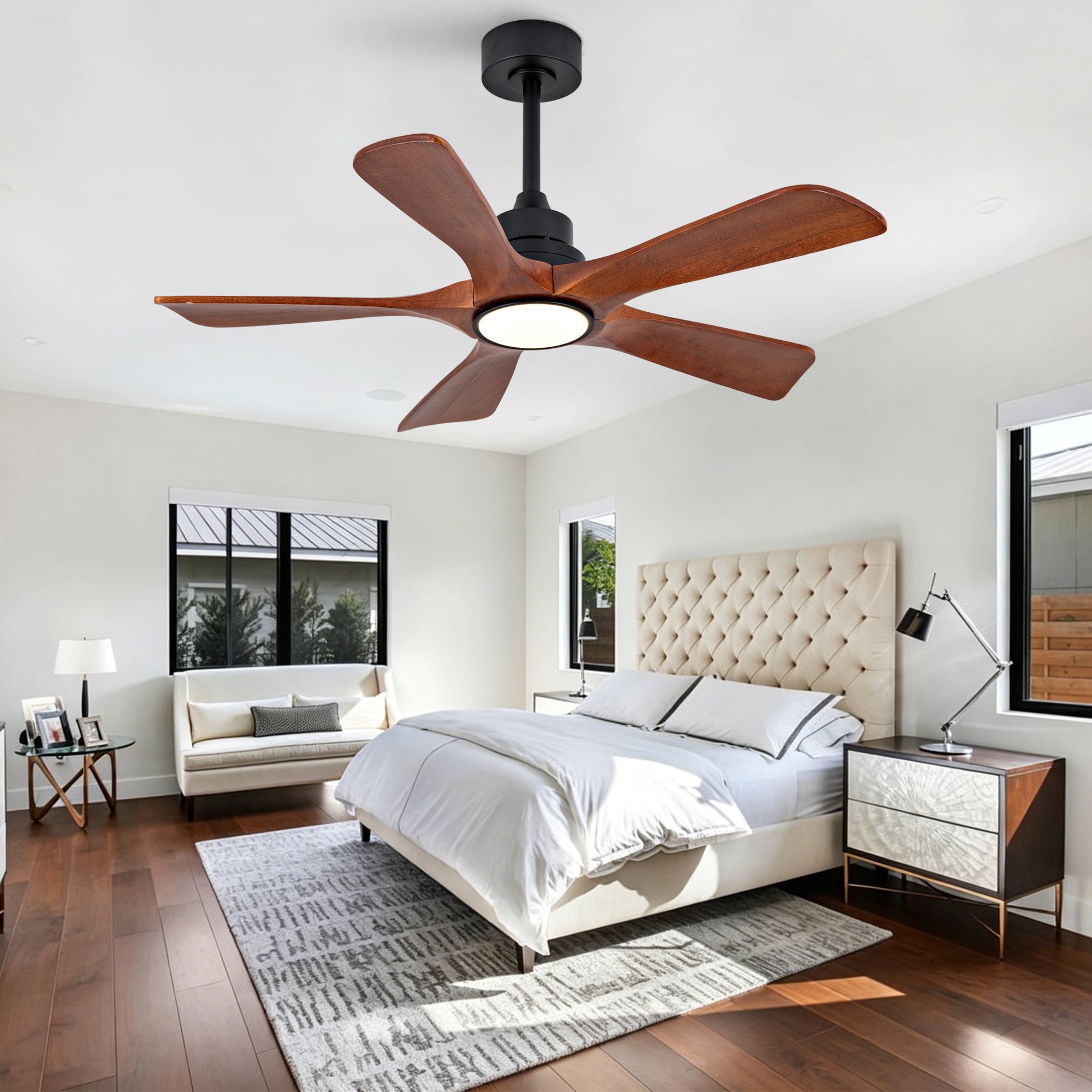 Deckenventilator Mit Licht, Leiser Reversibler Dc-motor Mit Fernbedienung, 5 Flügel Aus Paulownia-holz Und Metall, 107 Cm, Walnuss Und Schwarz