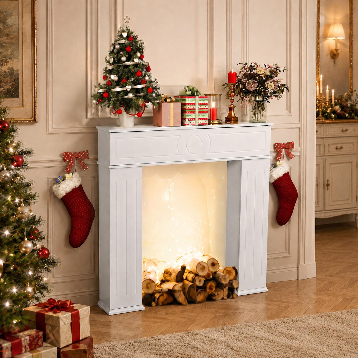 Dekorative Kaminumrandung Mit Verstecktem Stauraum Und 3 Türen, 107x18x100 Cm, Mdf-holz Kaminkonsole Im Eleganten Stil, Weiß