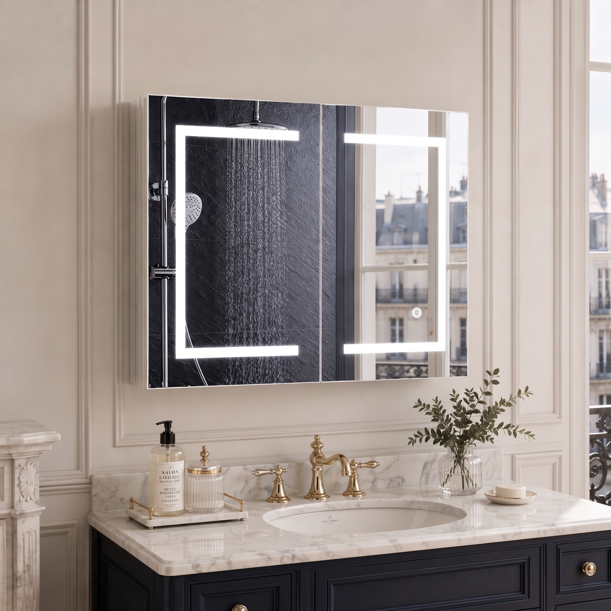 Led-spiegelschrank 80x60x14 Cm, Wandhängender Badezimmerschrank Mit 2 Türen, Touch-bedienung, Anti-beschlag-funktion, Dimmbar Mit 3 Lichtfarben, Weiß